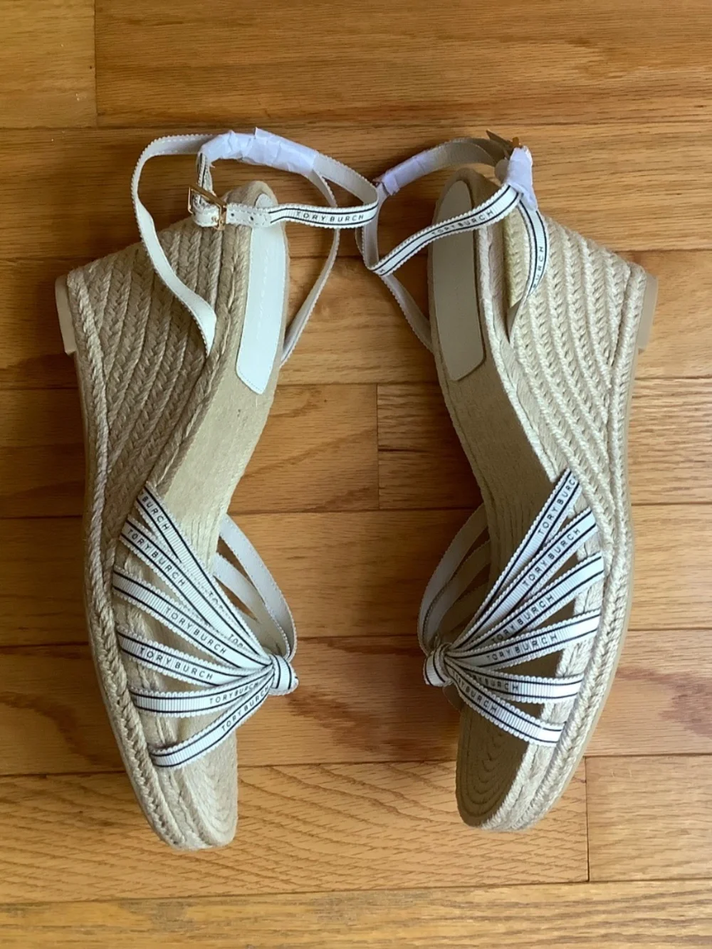 TORY BURCH Tory Ribbon Wedge Espadrille Cream/Black SZ 9.5 NWOT
